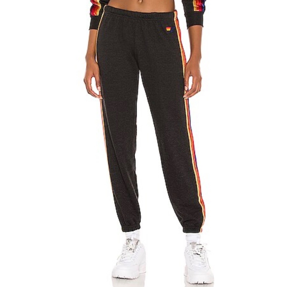 Aviator Nation Charcoal Grey Rainbow Velvet Stripe Joggers Womens Size Small